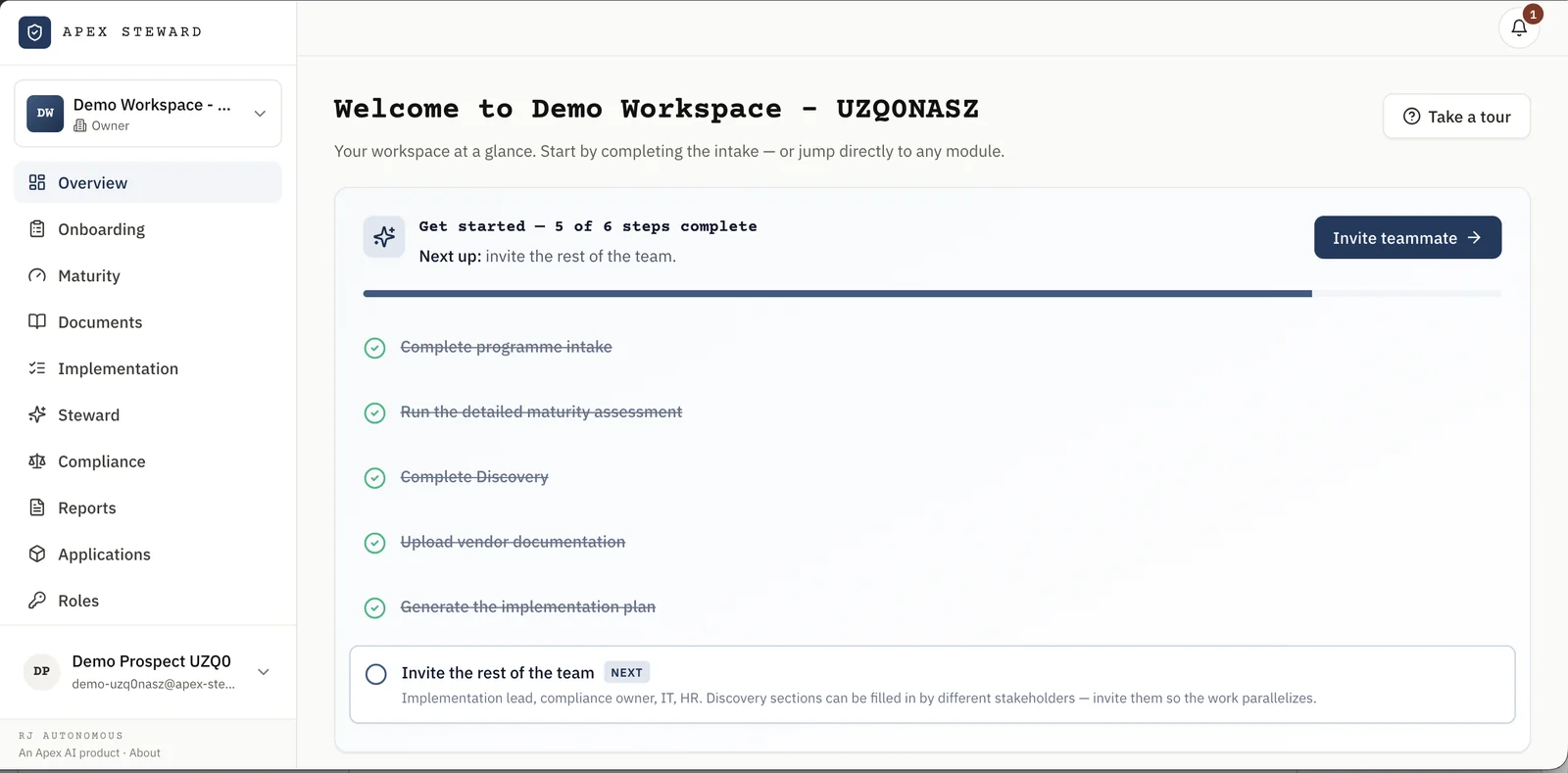 Apex Steward workspace overview showing a get-started checklist with five of six steps complete.
