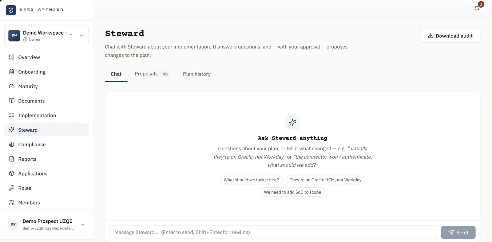 Apex Steward chat view with example prompts and tabs for proposals and plan history.